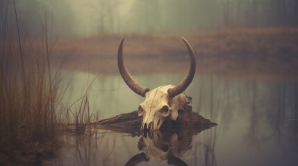 Obraz premium Creepy looking old buffalo skull with long horns that died in dirty murky water swamp, eerie mist of death and rotting decay hangs in air - generative AI