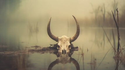 Obraz na płótnie Canvas Creepy looking old buffalo skull with long horns that died in dirty murky water swamp, eerie mist of death and rotting decay hangs in air - generative AI