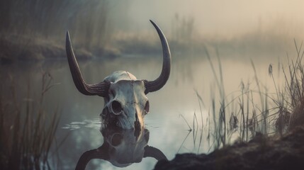 Creepy looking old buffalo skull with long horns that died in dirty murky water swamp, eerie mist of death and rotting decay hangs in air - generative AI