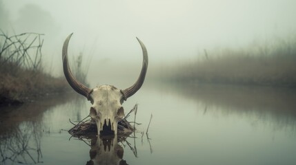 Obraz premium Creepy looking old buffalo skull with long horns that died in dirty murky water swamp, eerie mist of death and rotting decay hangs in air - generative AI