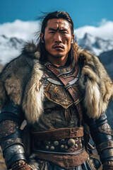 medieval asian man armed kazakh warrior in traditional historical armor in mountains of asia. Generative AI