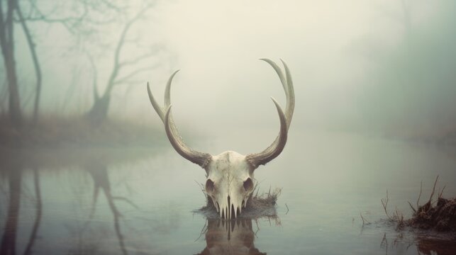 Creepy looking old buffalo skull with long horns that died in dirty murky water swamp, eerie mist of death and rotting decay hangs in air - generative AI