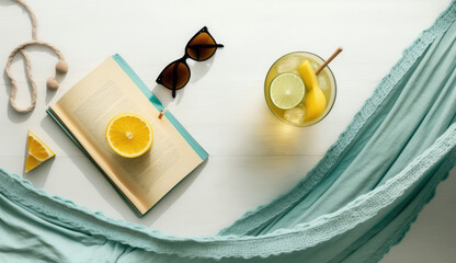 Sunny Summer Getaway: Vacation essentials including sunglasses, a book and lemon juice isolated on pastel background with space for text. Copy space. Travel concept - AI Generative