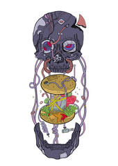 skull and donut illustration is created in cyber style and can be used for clothing needs, skateboard surfing and many more that you can customize your product with