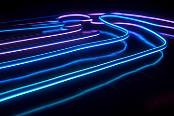 Neon light room with round stage in the center, 3d rendering. Computer digital drawing