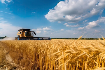 Fototapeta premium Against the backdrop of a sunny summer day and blue sky with clouds. Combine harvester harvesting