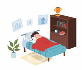 Boy child sleeps in his room and smiles, flat vector illustration isolated.
