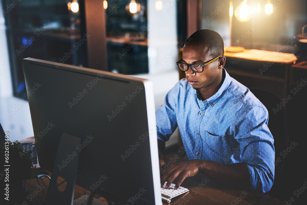 Poster Business man, night working and computer with dark office typing and project web research. African male worker, technology and coding for IT programmer app for company with tech and internet