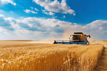 Fototapeta premium Against the backdrop of a sunny summer day and blue sky with clouds. Combine harvester harvesting