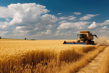 Obraz premium Against the backdrop of a sunny summer day and blue sky with clouds. Combine harvester harvesting