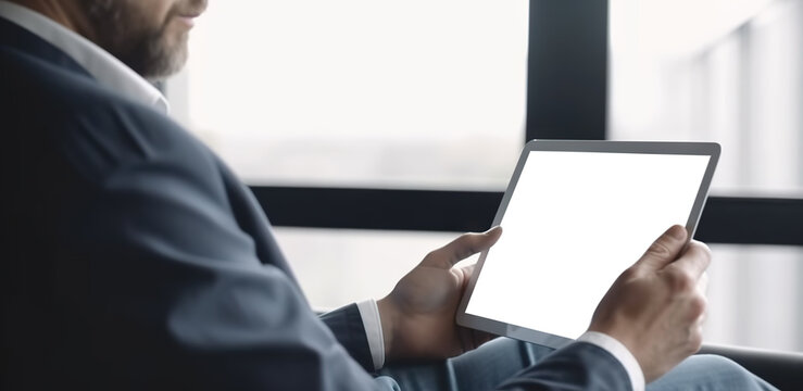 Man using tablet computer with a cut out screen. Based on Generative AI