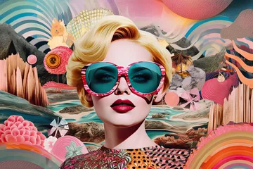 Illustration of a woman with sunglasses, in a style inspired by pop art and dreamlike composition, travel, retro glamour. Generative AI © Gelpi