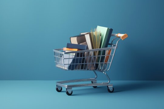 Shopping cart full of books, blue background, digital illustration. Generative AI