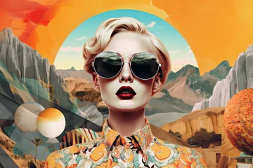Illustration of a woman with sunglasses, in a style inspired by pop art and dreamlike composition, travel, retro glamour. Generative AI © Gelpi