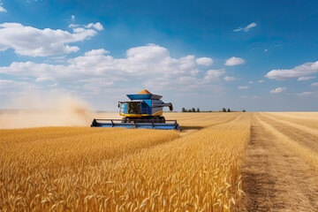 Obraz premium Against the backdrop of a sunny summer day and blue sky with clouds. Combine harvester harvesting