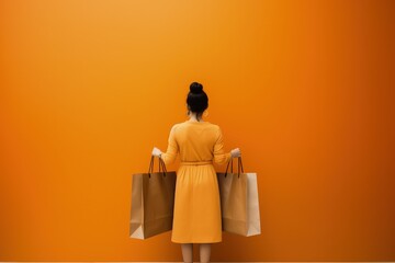 Woman back with shopping bag, sales concept, orange background, digital illustration. Generative AI