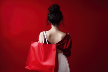 Fototapeta premium Woman back with shopping bag, sales concept, red background, digital illustration. Generative AI