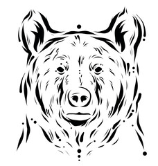 Abstract uncolored grizzly head illustration line art. monochrome brown or black bear drawing symbol isolated on white background