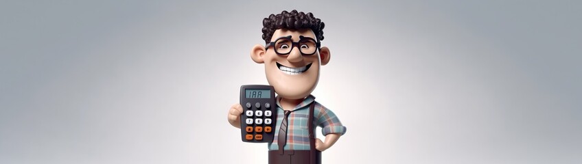 3d cartoon man character accountant with a calculator, report and paycheck. Accountant or banker doing the calculations. The concept of savings, finance, and economics. Generate Ai