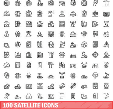 100 satellite icons set. Outline illustration of 100 satellite icons vector set isolated on white background