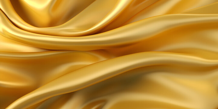 Gold shiny luxury draping satin fabric wave background, abstract dynamic smooth wavy elegant golden yellow silk cloth texture
