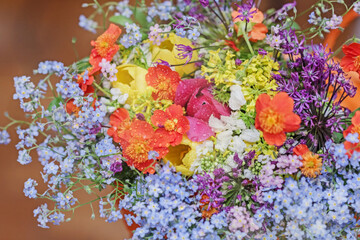 Variegated multicolored bouquet of spring flowers