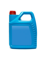Plastic canister with compressor oil on a white background.
