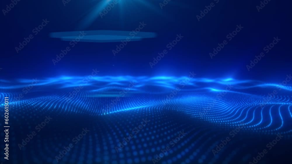 Poster the abstract blue energy surface with magic waves of particles and points with the blizzard of blur 