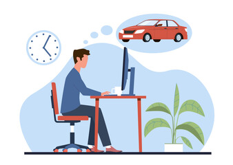 Businessman works hard to buy new, beautiful modern car. Financial goal. Man sitting at desk, working on computer, office workplace. Cartoon flat isolated illustration. Vector business concept