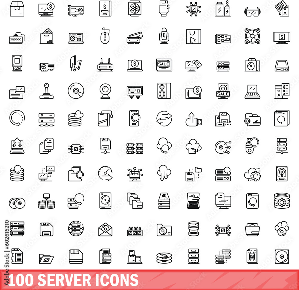Poster 100 server icons set. outline illustration of 100 server icons vector set isolated on white backgrou