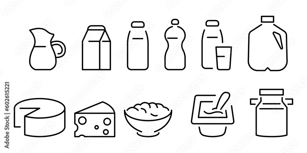 Wall mural dairy and milk products editable stroke outline icons set isolated on white background flat vector i