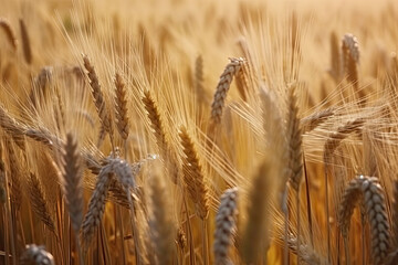 Big golden field of wheat. Harvesting yellow ripe wheat. Agricultural close up.