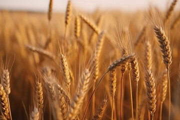Obraz premium Big golden field of wheat. Harvesting yellow ripe wheat. Agricultural close up.