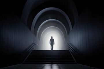 Business success and life in motion concept with man walking towards the light from wall hole in the middle of a huge dark hall with stairs