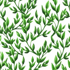 Seamless pattern of green branches on white, hand drawn alcohol markers illustration. For wallpapers, backgrounds, wrapping paper, textile, fabric, cosmetic packaging