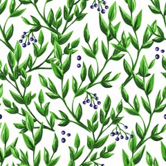 Seamless pattern of green branches and purple berries on white, hand drawn alcohol markers illustration. For wallpapers, backgrounds, wrapping paper, textile, fabric, cosmetic packaging