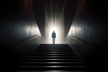 Business success and life in motion concept with man walking towards the light from wall hole in the middle of a huge dark hall with stairs