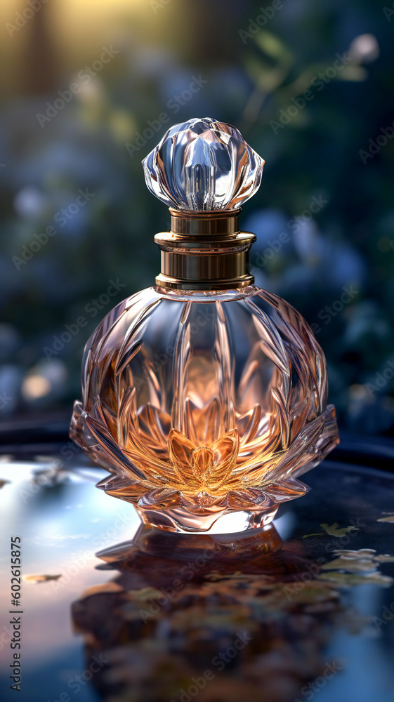 Poster generic perfume bottle reflected in water. luxury concept. created with generative ai technology.