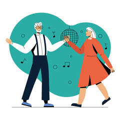 Elderly couple dancing to music and disco ball in a club illustration