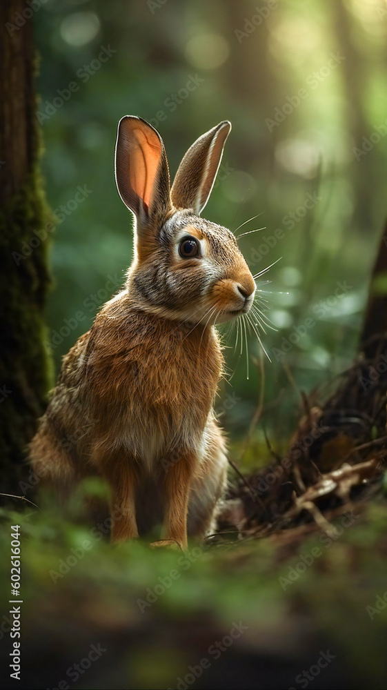 Poster illustration of a rabbit in a forest scene. created with generative ai technology.