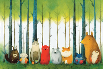 Animals in a forest working together, smiling, joyful, sunny background. AI generative