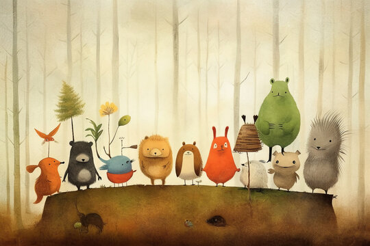 Animals in a forest working together, smiling, joyful, sunny background. AI generative