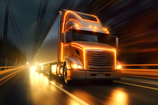 Truck driving on highway at night, car headlight light trail speed motion blur,futuristic logistic transportation background