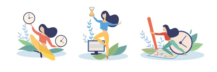 Illustrations set of cartoon woman juggling clock successfully managing time