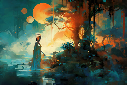A painting of a woman in a blue dress standing in a forest with a large moon in the background Generative AI 