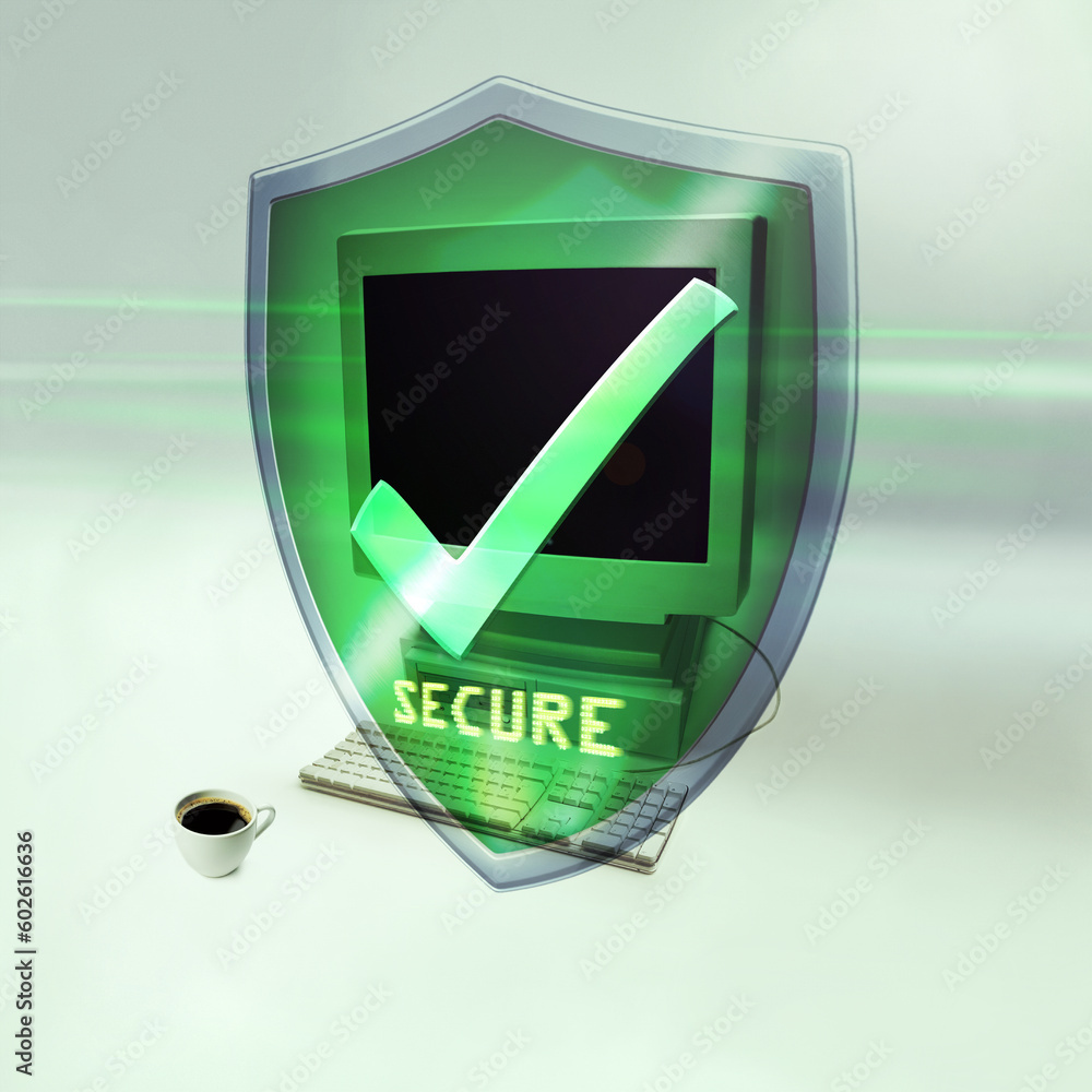 Poster shield, computer and check for cybersecurity, safe data or information on web by studio background. 