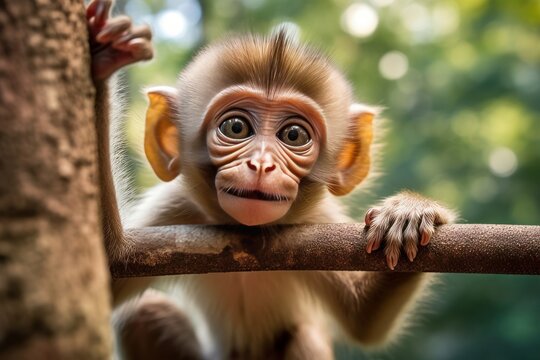 Playful baby monkey making a face at the camera