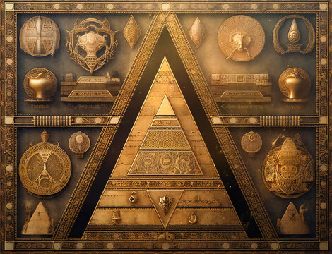 Book cover, background or illustration of a stylized pyramid surrounded by astrology, cabal or esoteric symbols. Created with Generative AI technology.