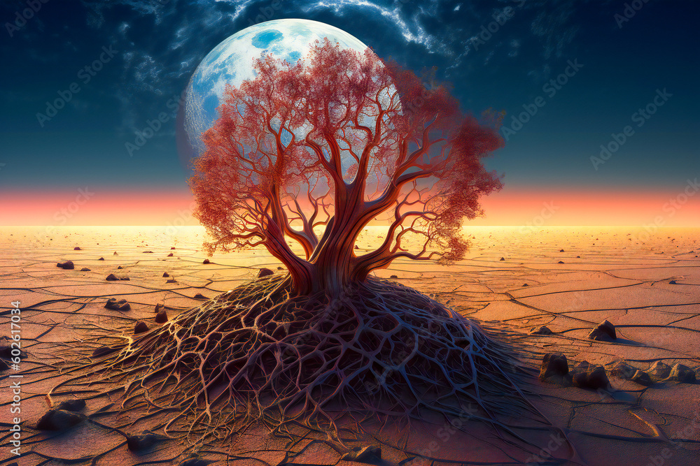 Poster lone tree growing on a strange alien desert planet. created with generative ai technology.