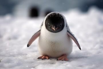 Fototapeta premium Goofy penguin chick slipping and sliding on ice